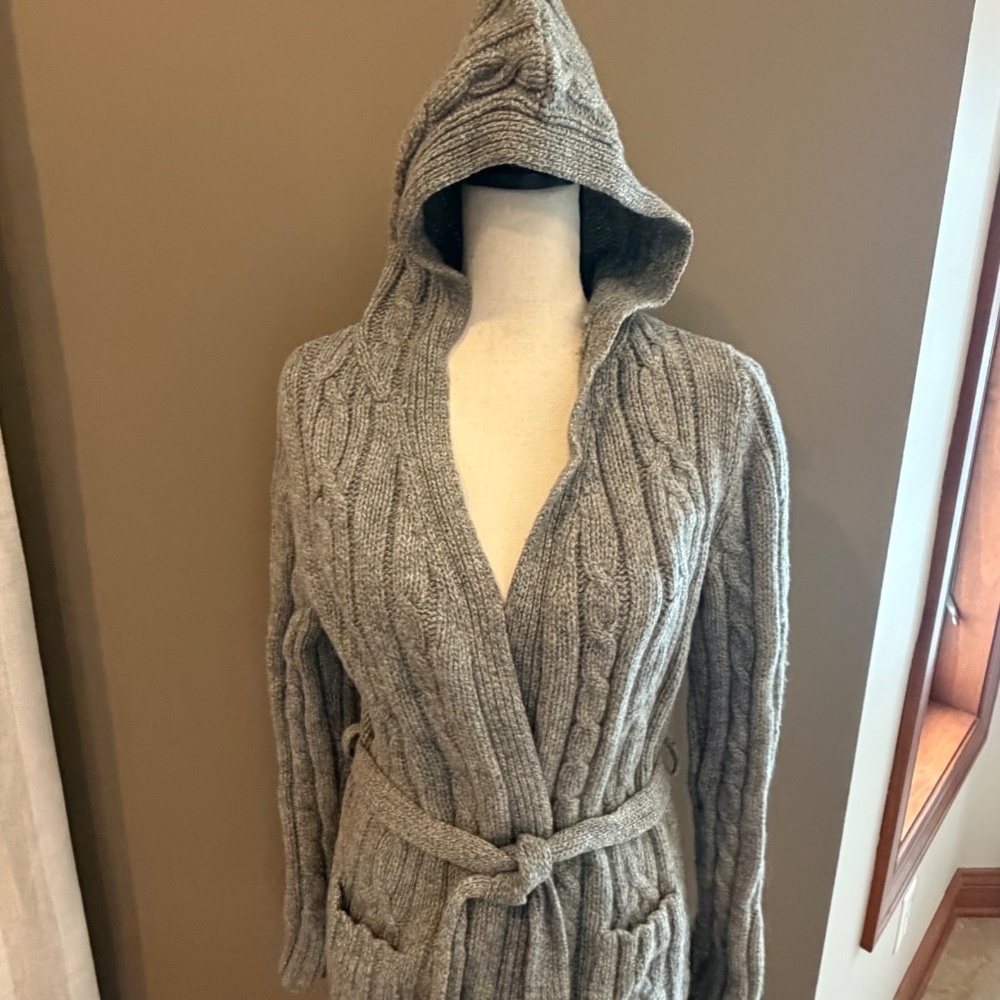 Abercrombie & Fitch Y2K Hooded Lambswool Brown Cardigan with Tie, Size Medium - Picture 2 of 15